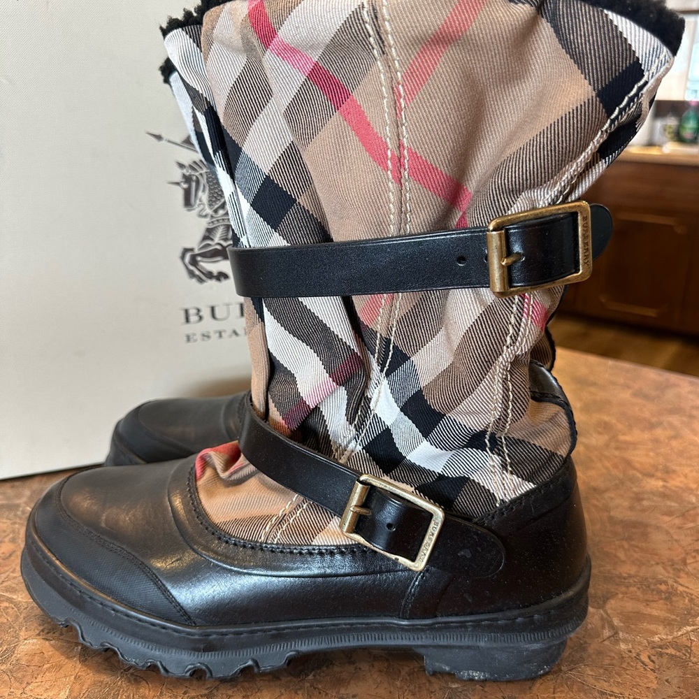 Burberry Black Leather & Beige Plaid Shearling-Trim Boots - Picture 3 of 14